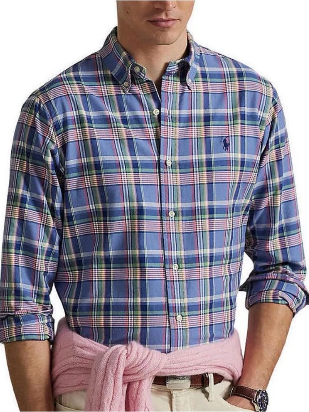 Ralph Lauren Blue & Pink Plaid Button-Down Cotton Shirt